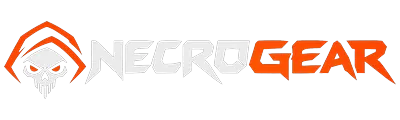Logo de NECROGEAR: calavera encapuchada naranja y blanca